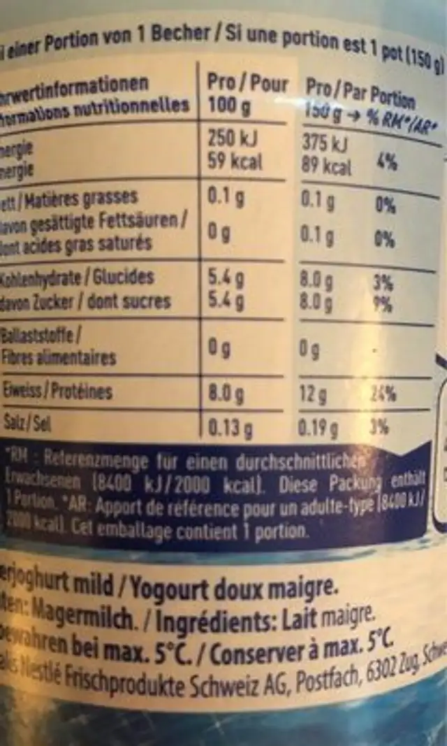 Yaos nutrition facts table