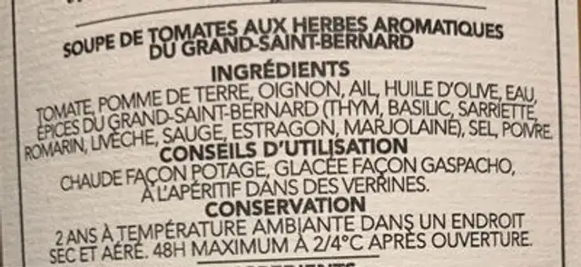 Soupe de tomate nutrition facts table