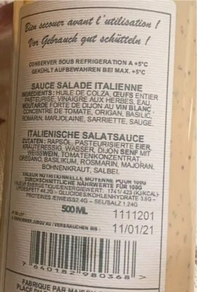 Sauce salade italienne nutrition facts table