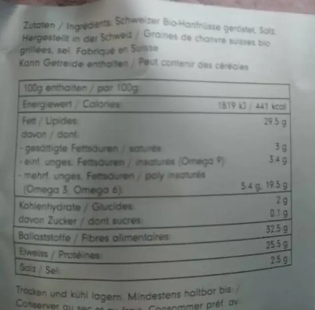 KinoHanf nutrition facts table