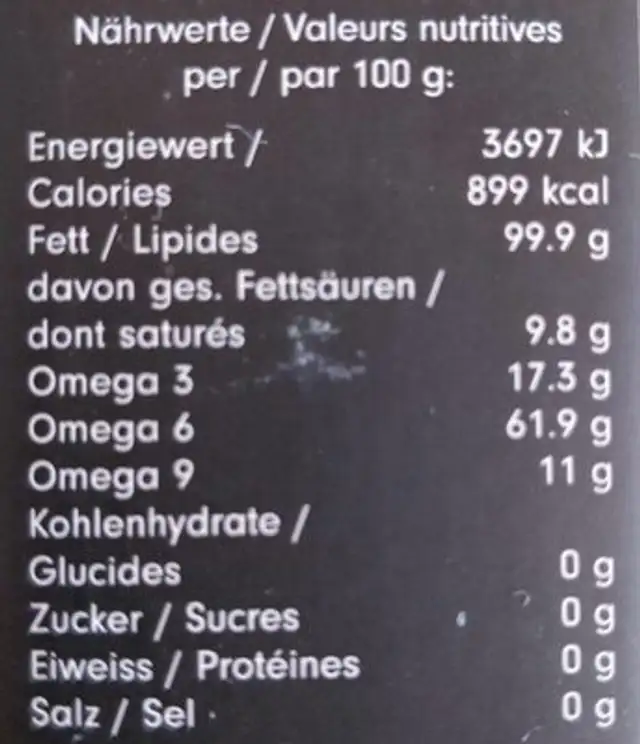 HanfOel nutrition facts table