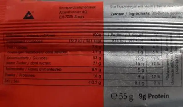 HanfHai - Bio-Fruchtriegel mit Hanf nutrition facts table