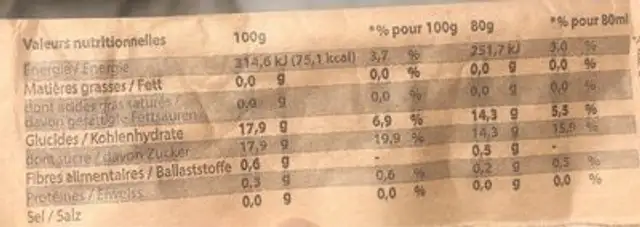 Abricot-verveine nutrition facts table