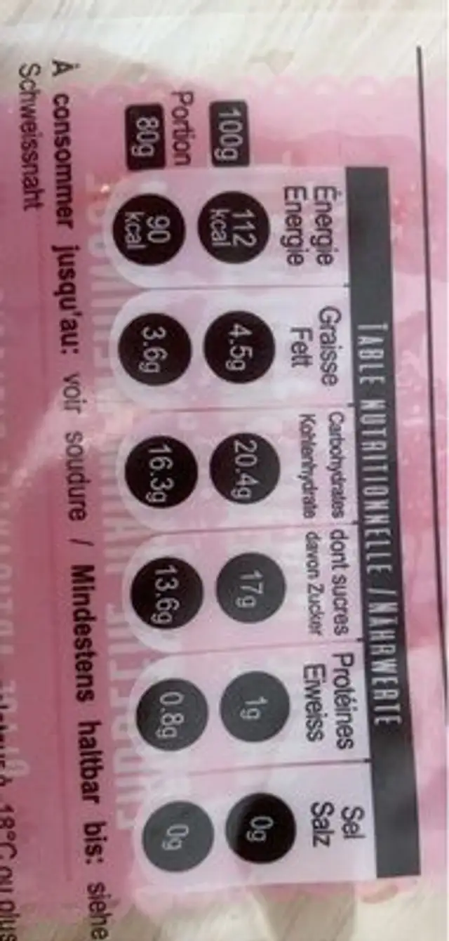 Glace artisanale nutrition facts table