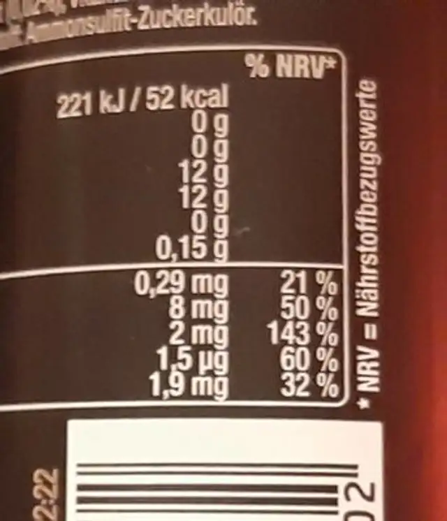 Energy nutrition facts table