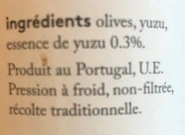 Huile d'olive au Yuzu nutrition facts table