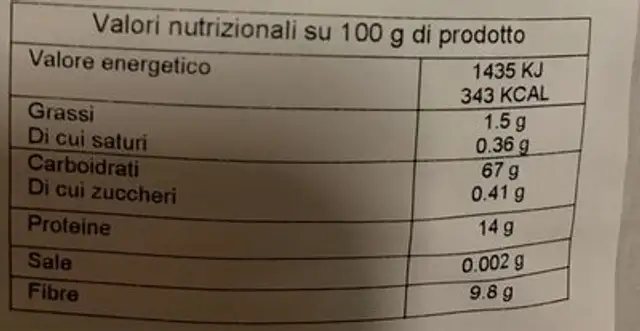 Farina integrale nutrition facts table