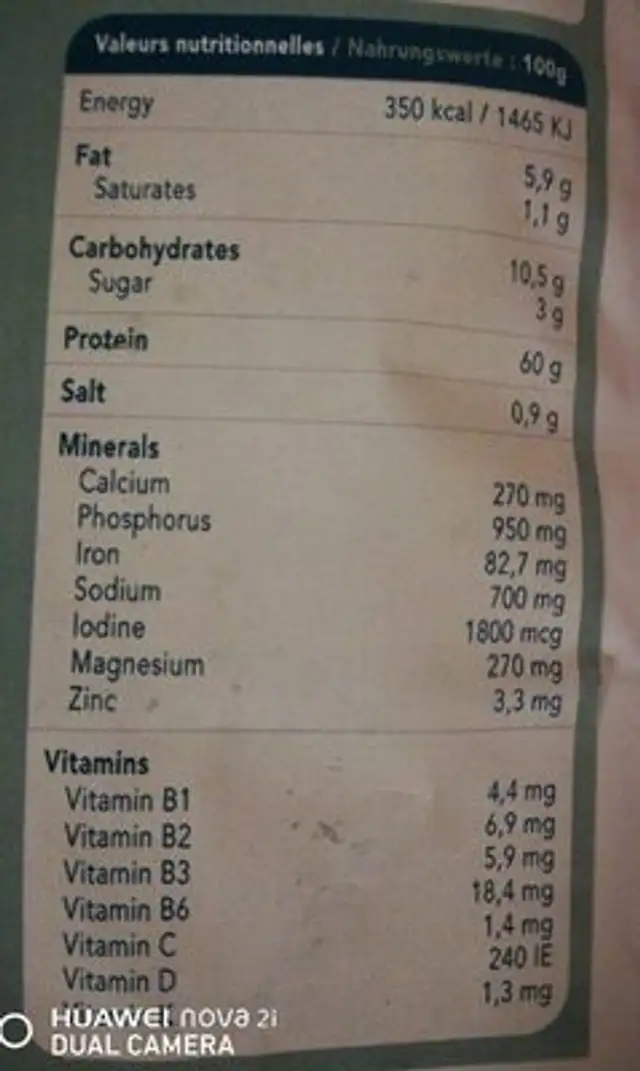 Spiruline nutrition facts table