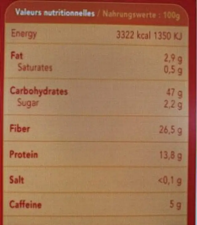 Guarana en poudre nutrition facts table