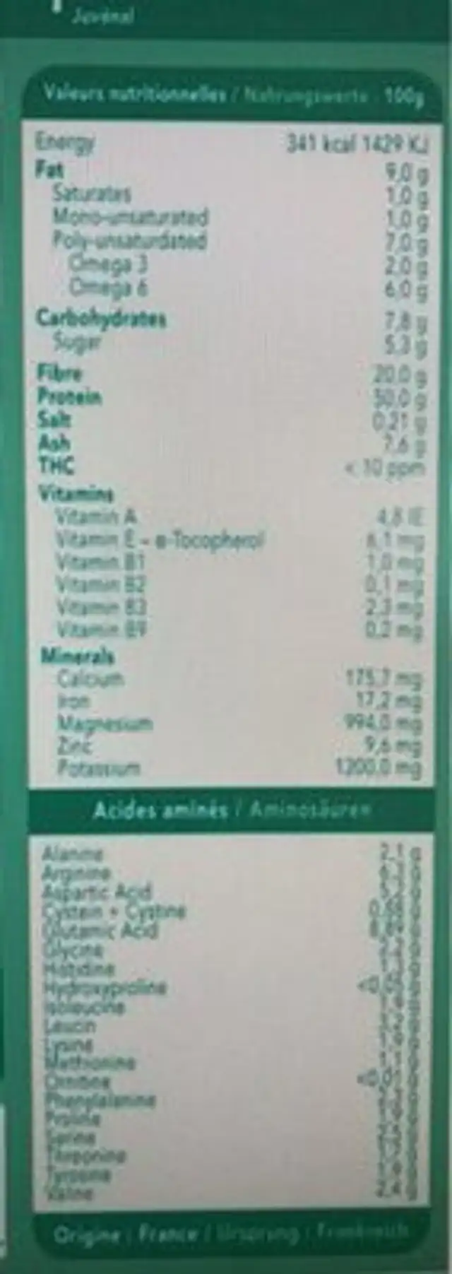 Proteine de chanvre nutrition facts table