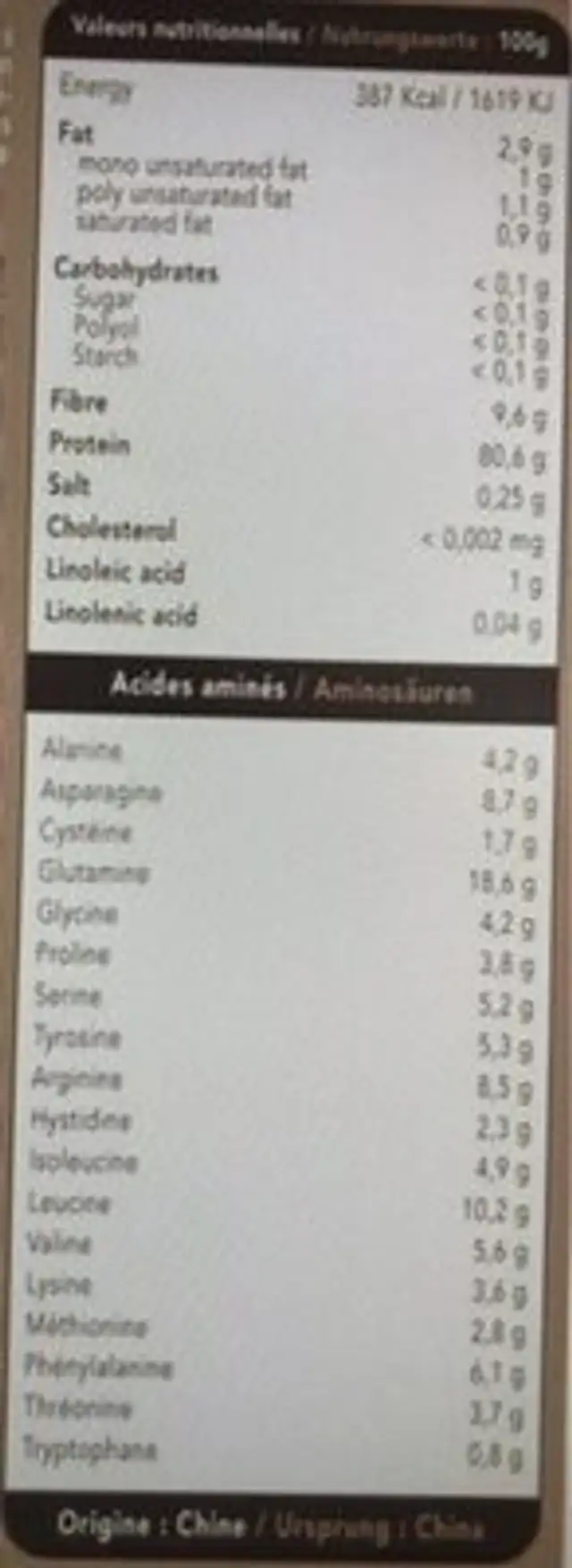 Proteine de riz nutrition facts table