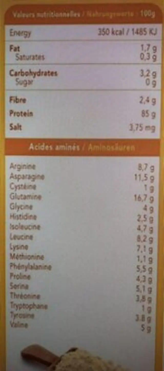 Proteine de pois jaune nutrition facts table