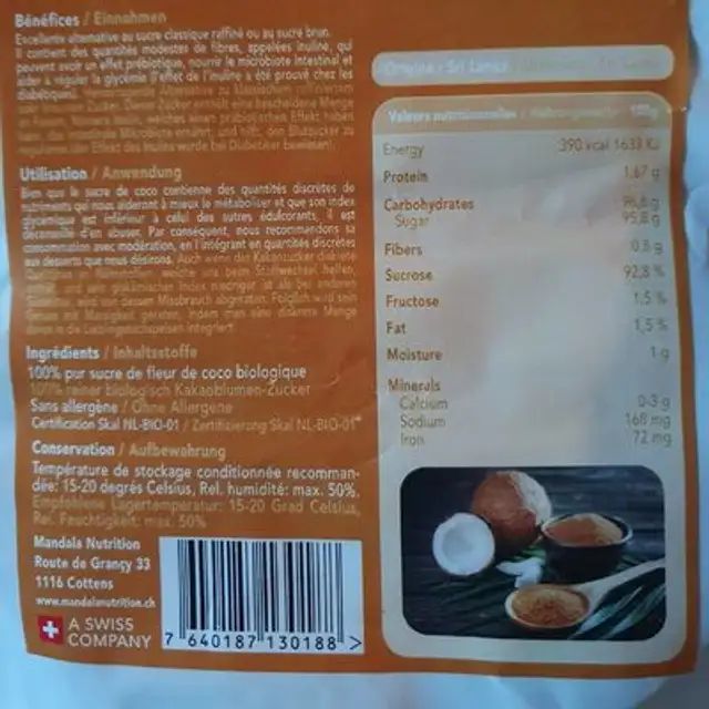 Sucre de fleur de coco nutrition facts table