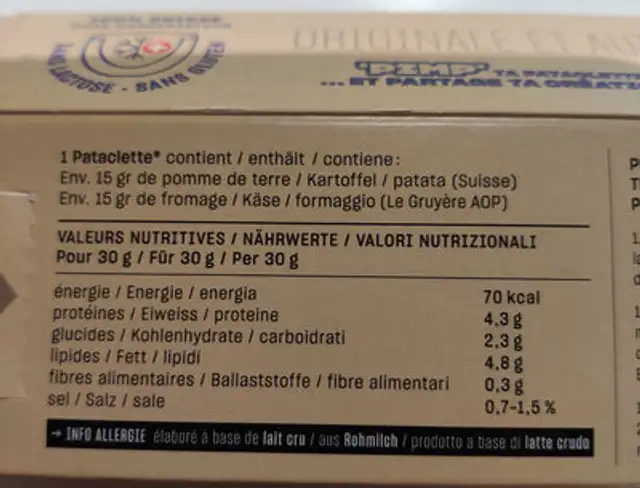 Pataclette ingredients label