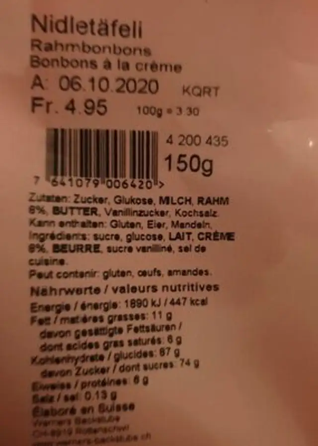 Nidletäfeli nutrition facts table