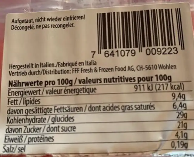 Tarte a ricotta nutrition facts table