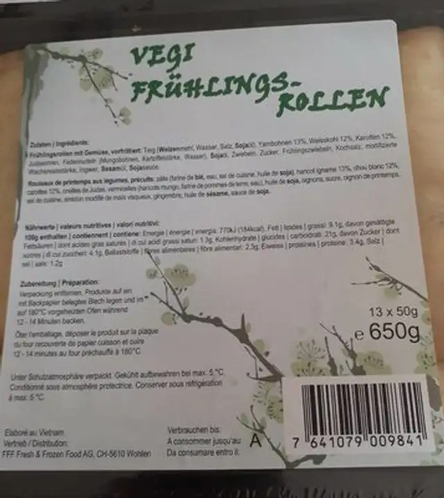 Vegi Fruhlings rollen nutrition facts table