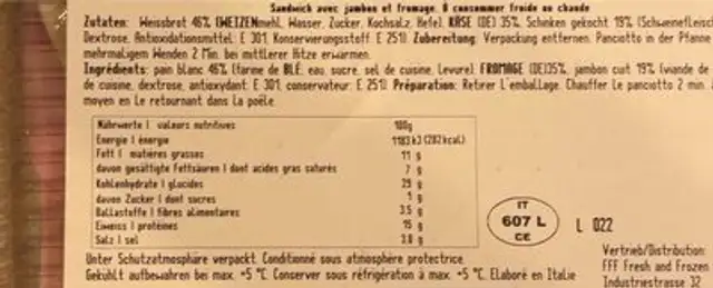 Panciotti Prosciutto Cotto e Fromaggio nutrition facts table
