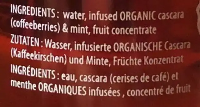 Ice Cascara Infusion ingredients label