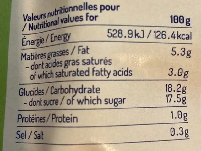 Bâtonnet Glacé - Thé vert matcha nutrition facts table