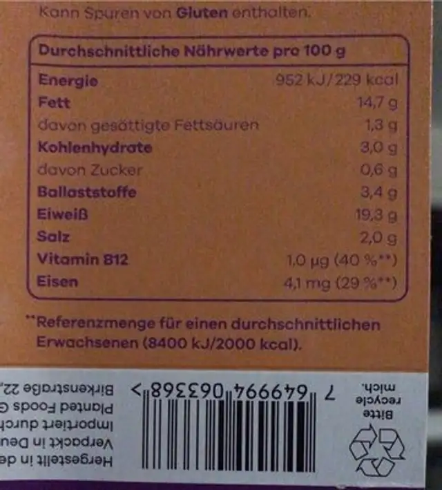 Planted.chicken nutrition facts table
