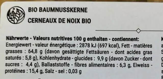 BIO BAUMNUSSKERNE nutrition facts table