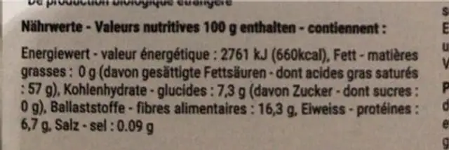Noix de coco BIO séchées nutrition facts table