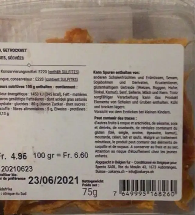 Mangue sechées nutrition facts table