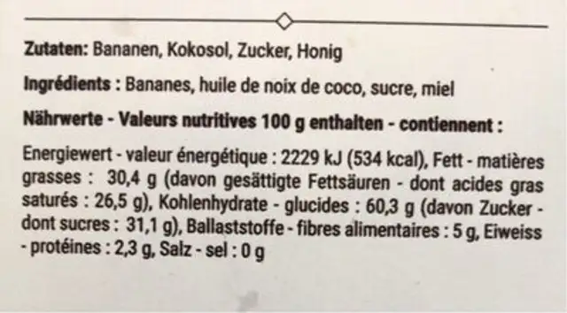 Chips de banane nutrition facts table