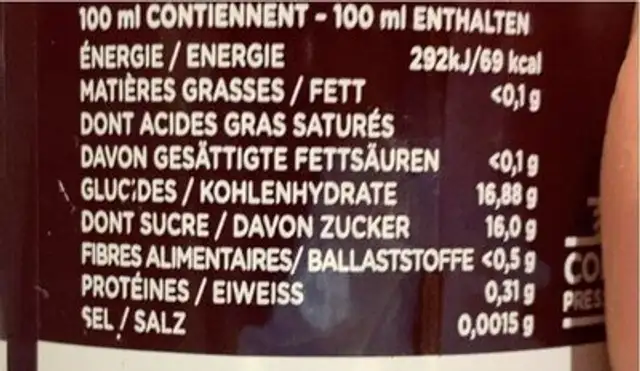 Jus de grenade nutrition facts table