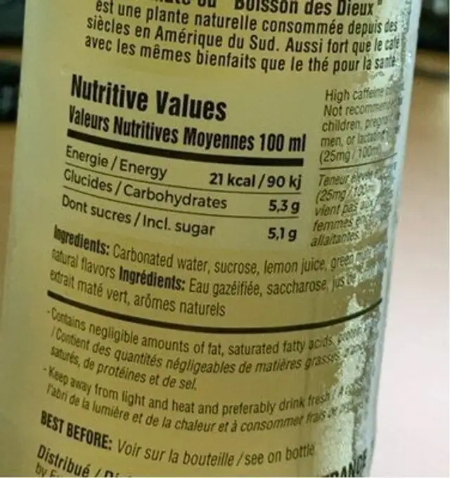 Maté nutrition facts table