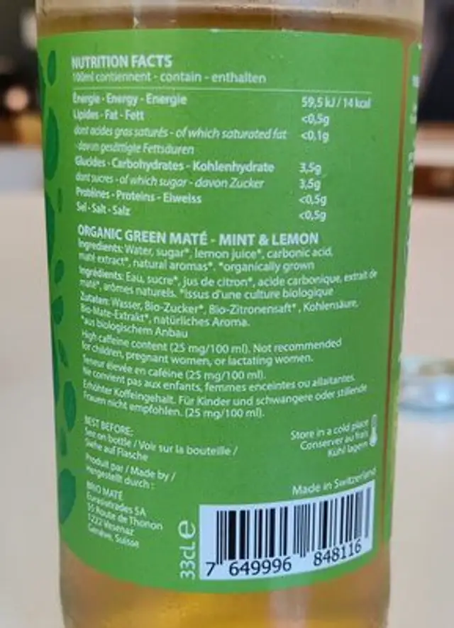 Mint & Lemon Glass ingredients label