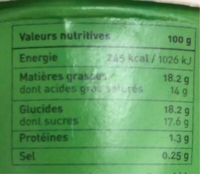 Cocotella nutrition facts table