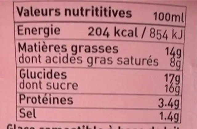 Glace cara/huète nutrition facts table