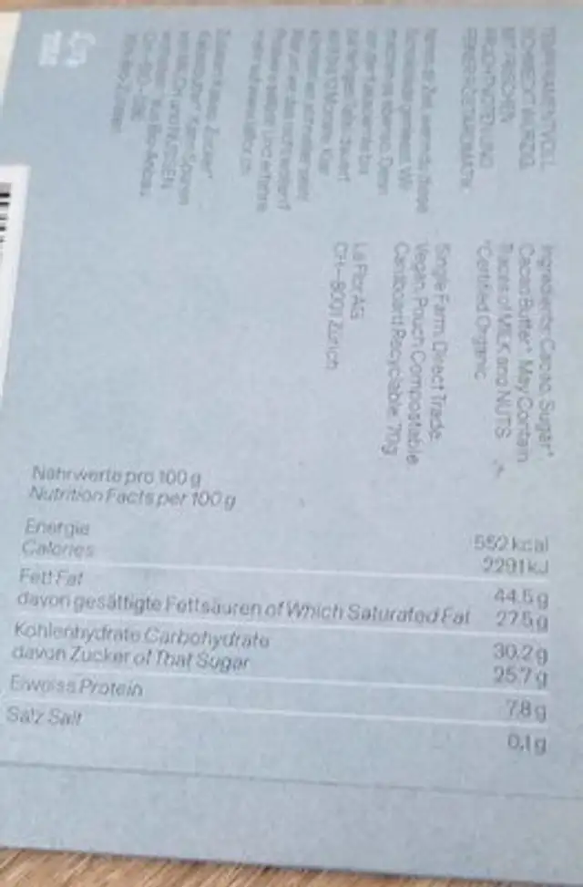 Chocolat laflor nutrition facts table