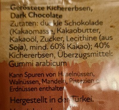 Geröstete Kichererbsen Dark Chocolate ingredients label