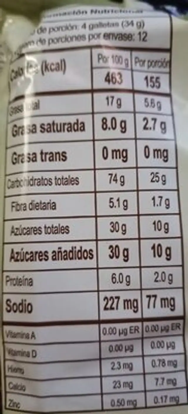 Galletas Happy Cream Vainilla nutrition facts table