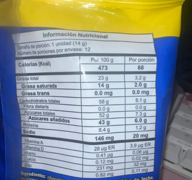Jet Burbujas nutrition facts table