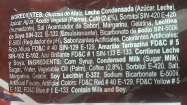 Chewy Coffee Delight ingredients label