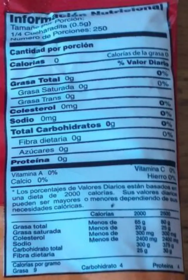 Colorey nutrition facts table