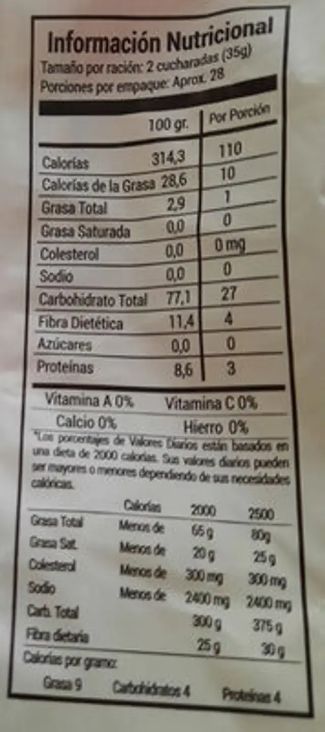 Harina de Maíz Blanca Precocida nutrition facts table
