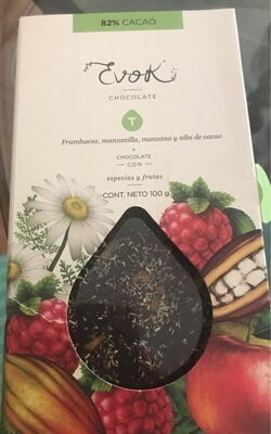 Evok Chocolate Frambuesa, Manzanilla, Manzana y Nibs de Cacao front packaging