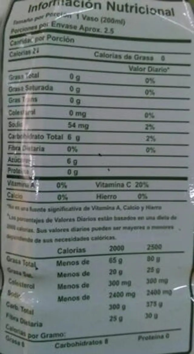 Aloe Vera Light nutrition facts table