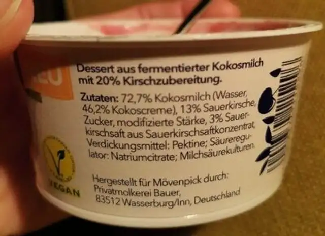 Pflanzlich aus Kokosmilch - Kirsche ingredients label