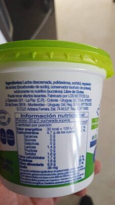 Dulce de leche dietetico ingredients label