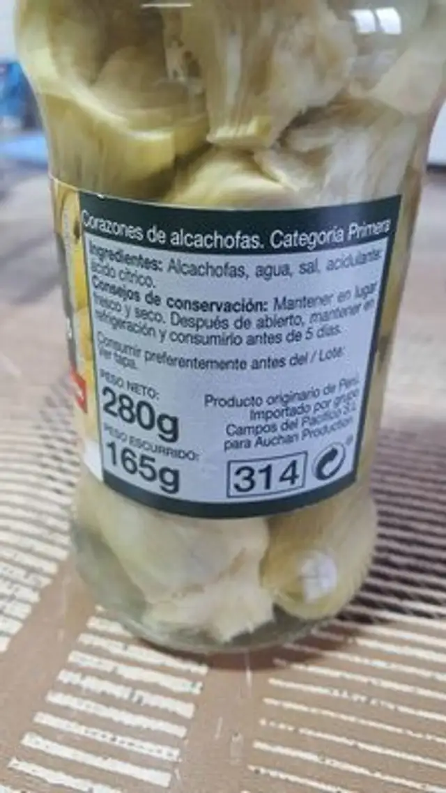 Corazones de alcachofa ingredients label