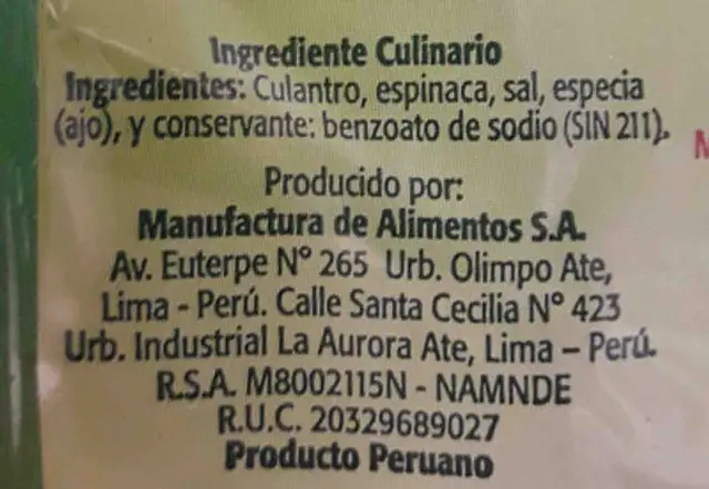 Culantrito con espinaca (Sibarita) ingredients label