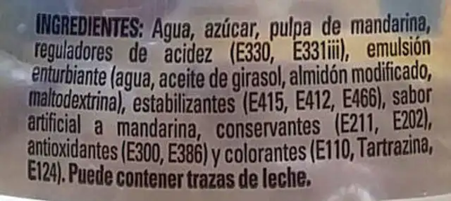 Frussion Mandarina ingredients label