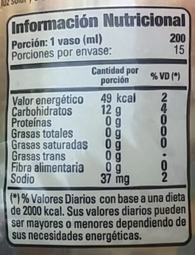 Frussion Mandarina nutrition facts table