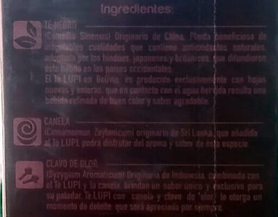 Té, Canela y Clavo de Olor ingredients label